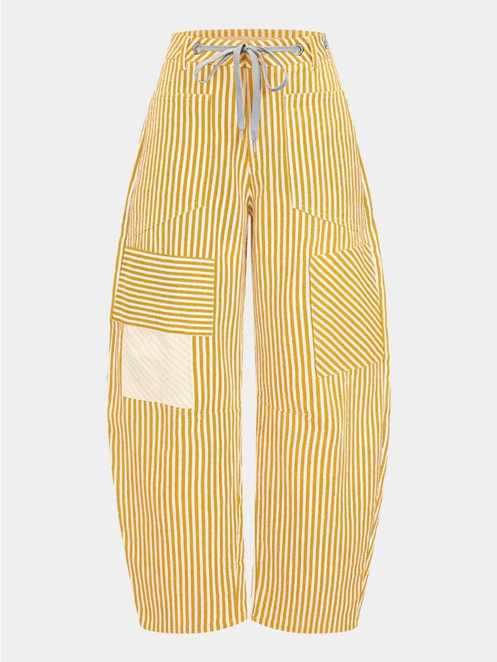 Yellow Striped Wide-Leg Barrel Drawstring Pants